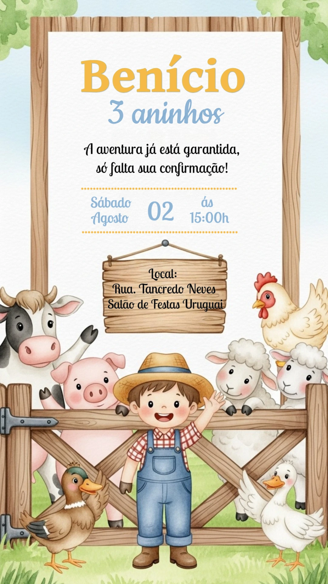 Convite Aniversário Fazendinha Menino para Editar Online