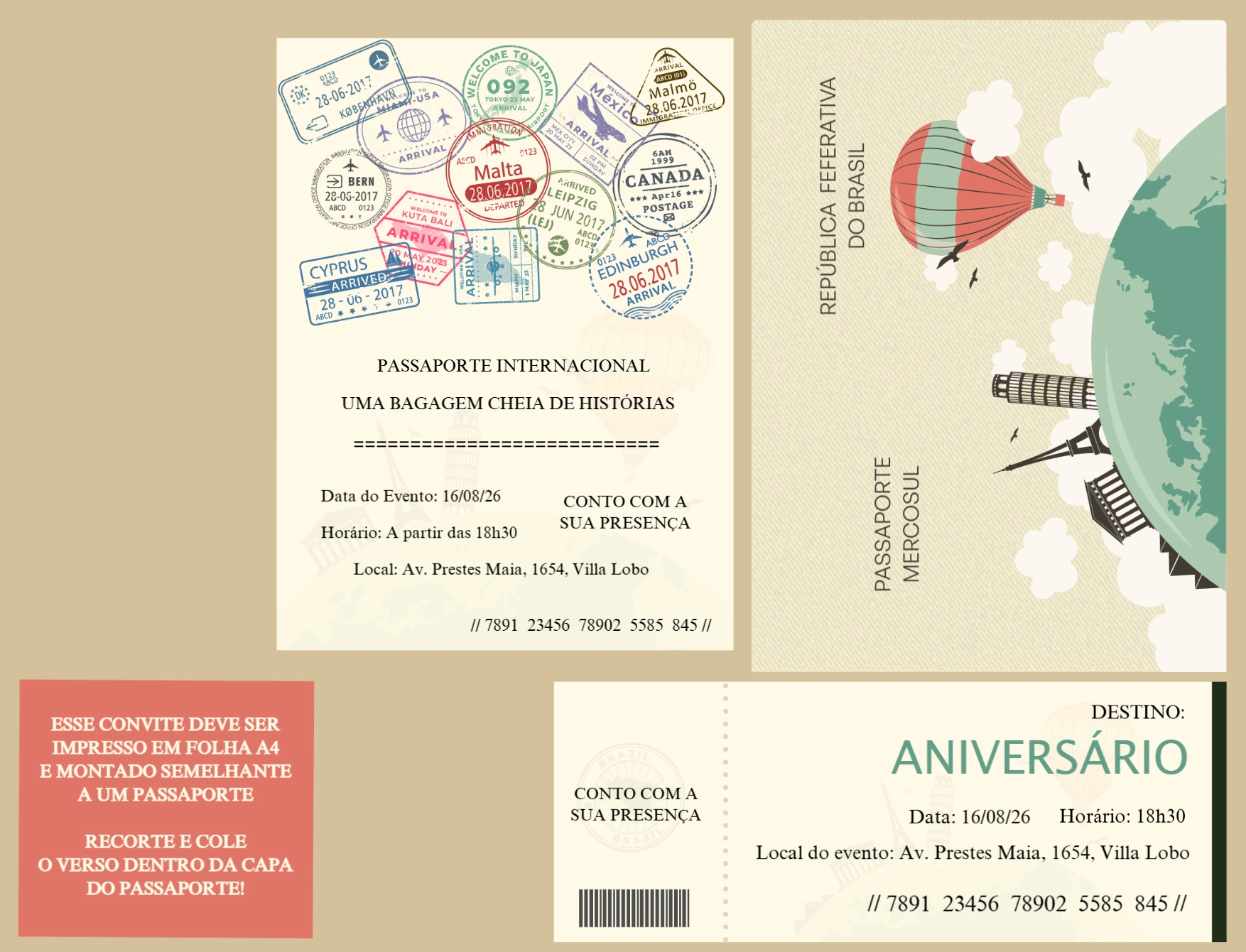 Convite Editável Aniversário Tema Viagem Estilo Passaporte
