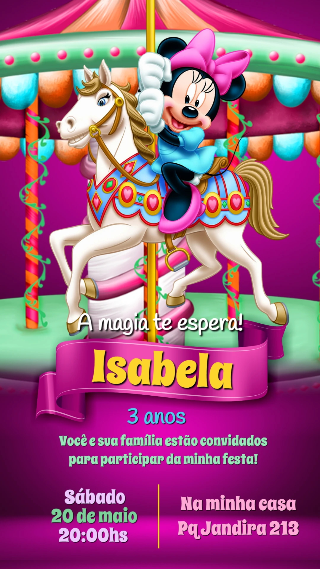 Convite Aniversário Minnie Carrossel para Editar Online