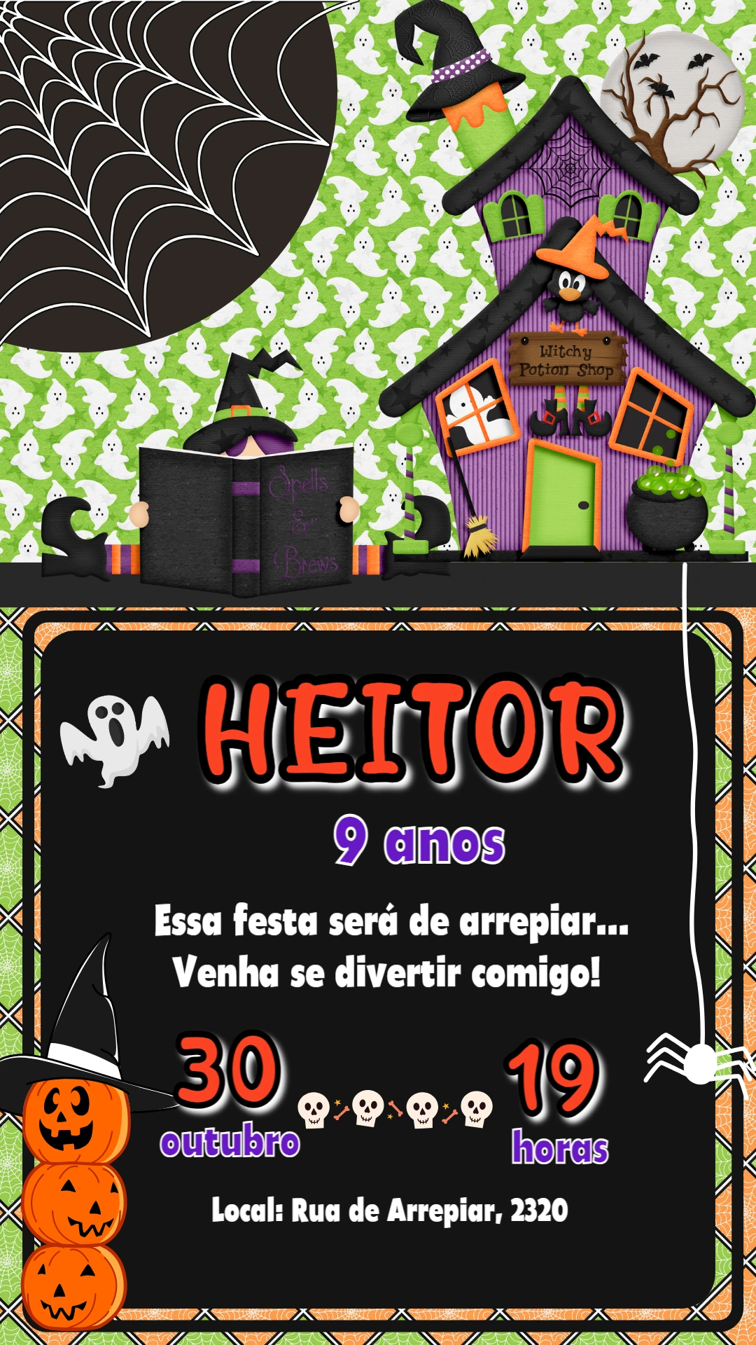 Convite de Aniversário Halloween com Bruxinha para Editar Online
