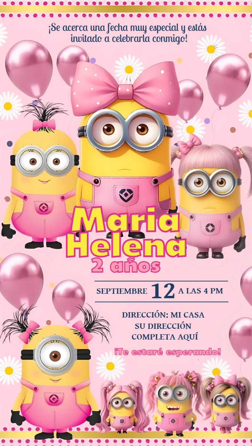Invitación de Cumpleaños Minions Rosa para Niña - Modelo Editable