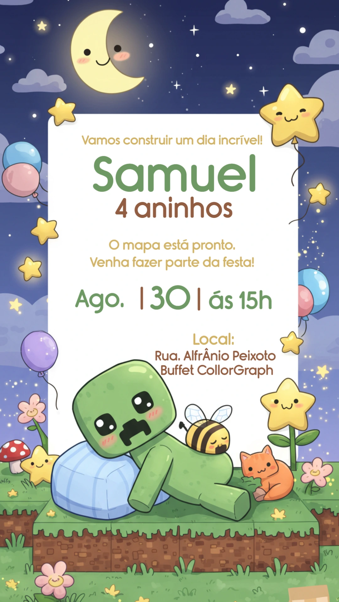 Convite de Aniversário Minecraft Fofo para Editar Online