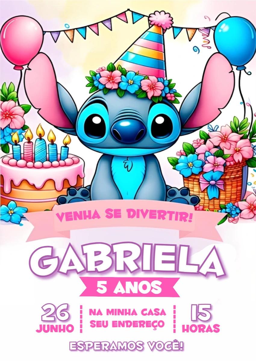 Convite de Aniversário Stitch Fofo e Colorido para Editar