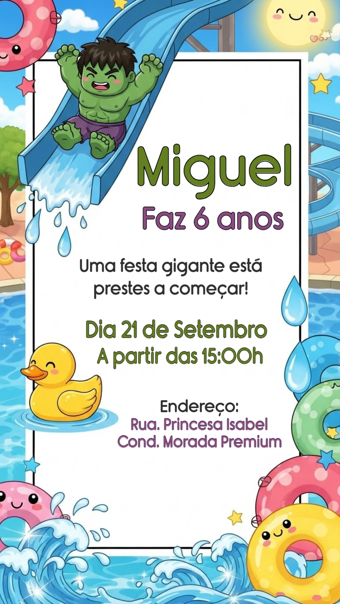 Convite Aniversário Hulk na Piscina para Editar Online