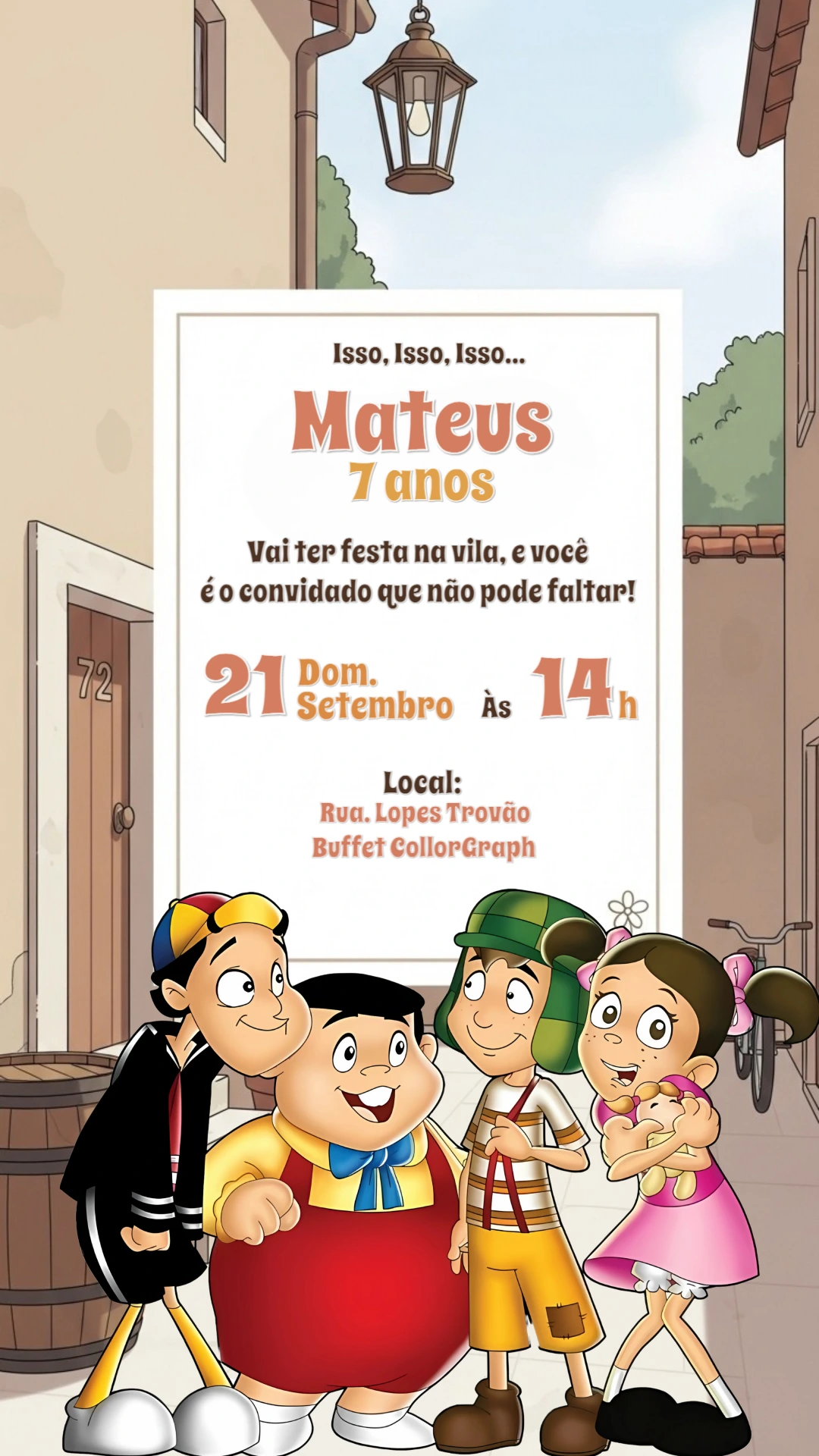 Convite de Aniversário Chaves com a Turma para Editar Online