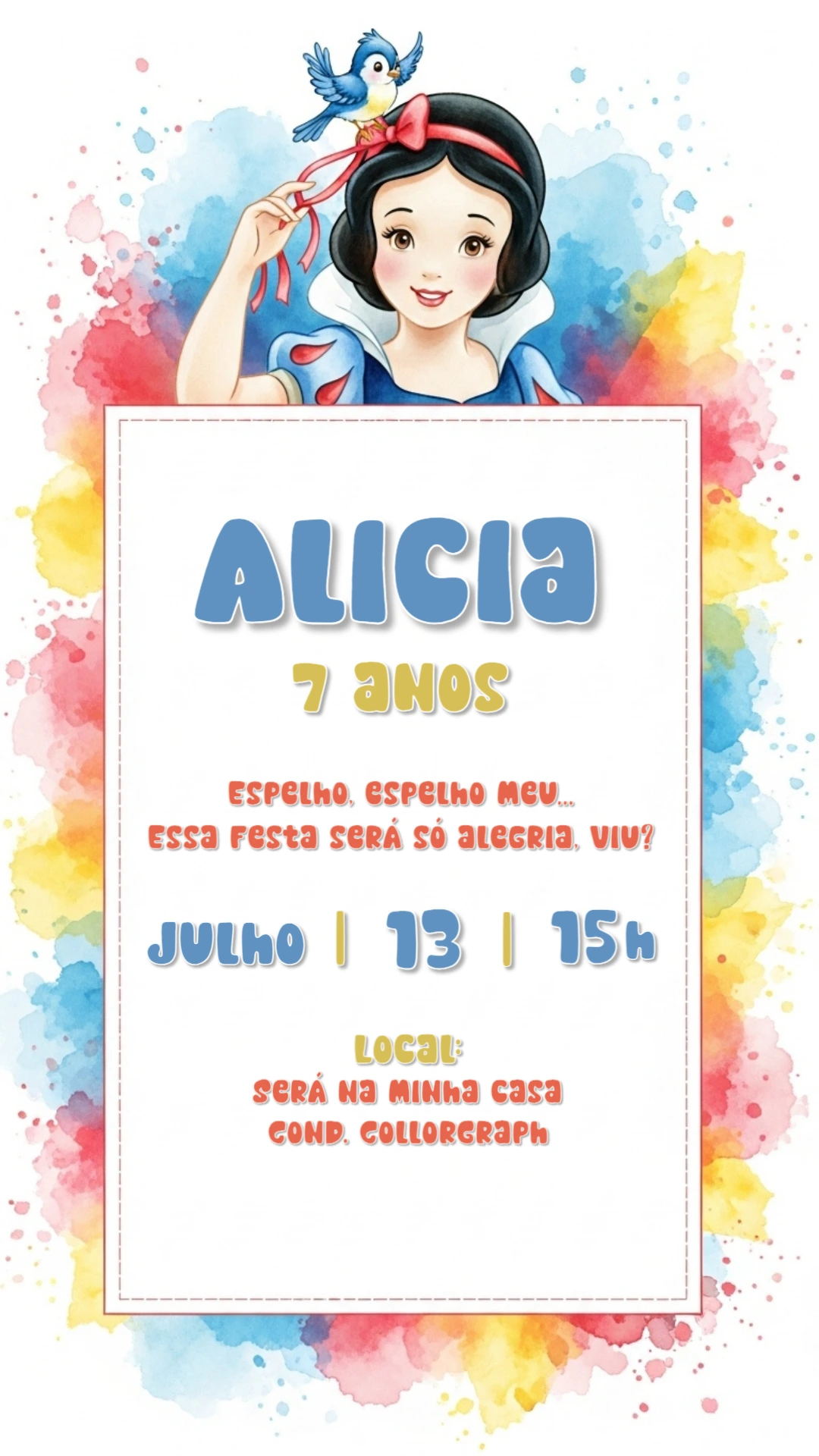 Convite de Aniversário Branca de Neve para Editar Online