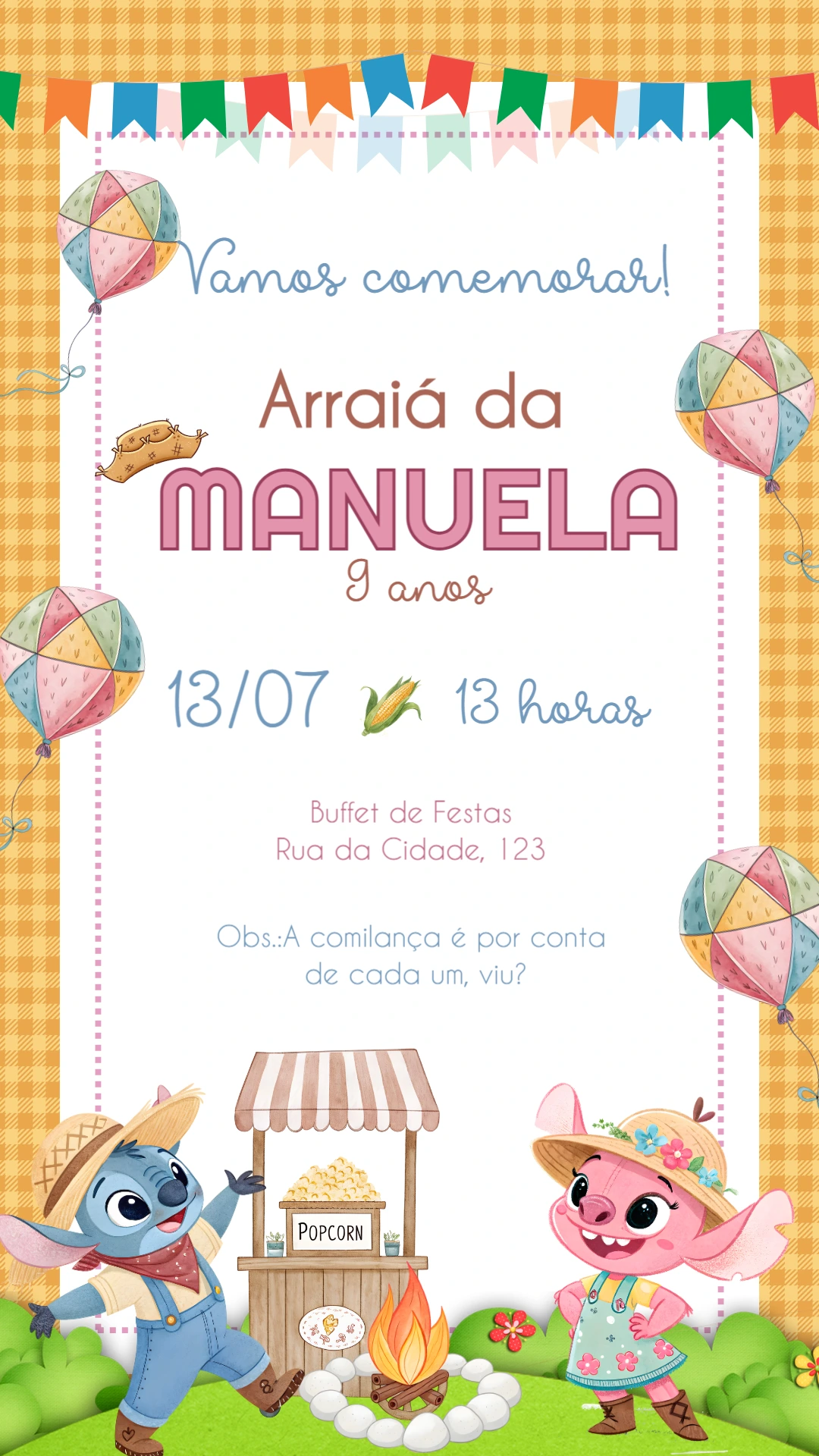 Convite Festa Junina Stitch e Angel para Editar Online