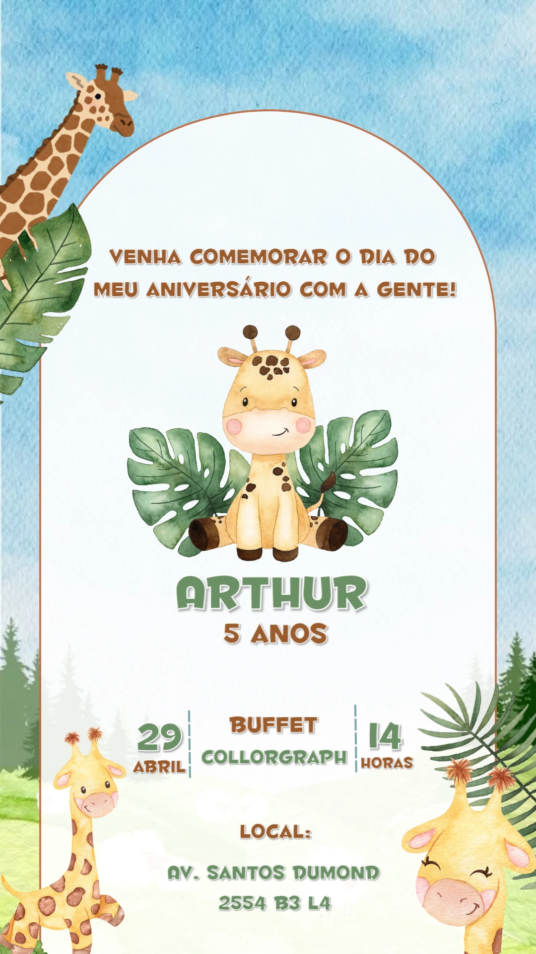 Convite de Aniversário Girafa Aquarela para Editar Online