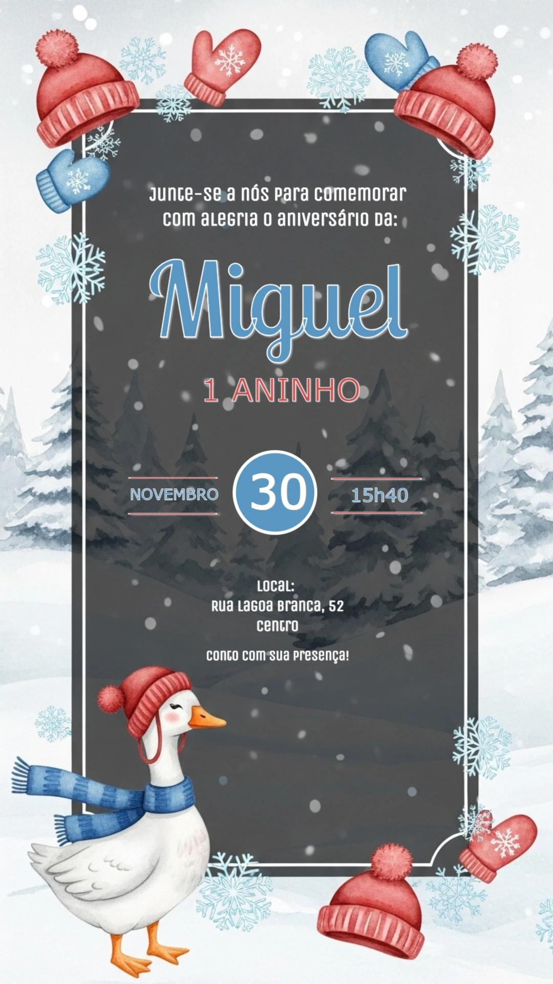 Convite de Aniversário Ganso no Inverno para Editar Online