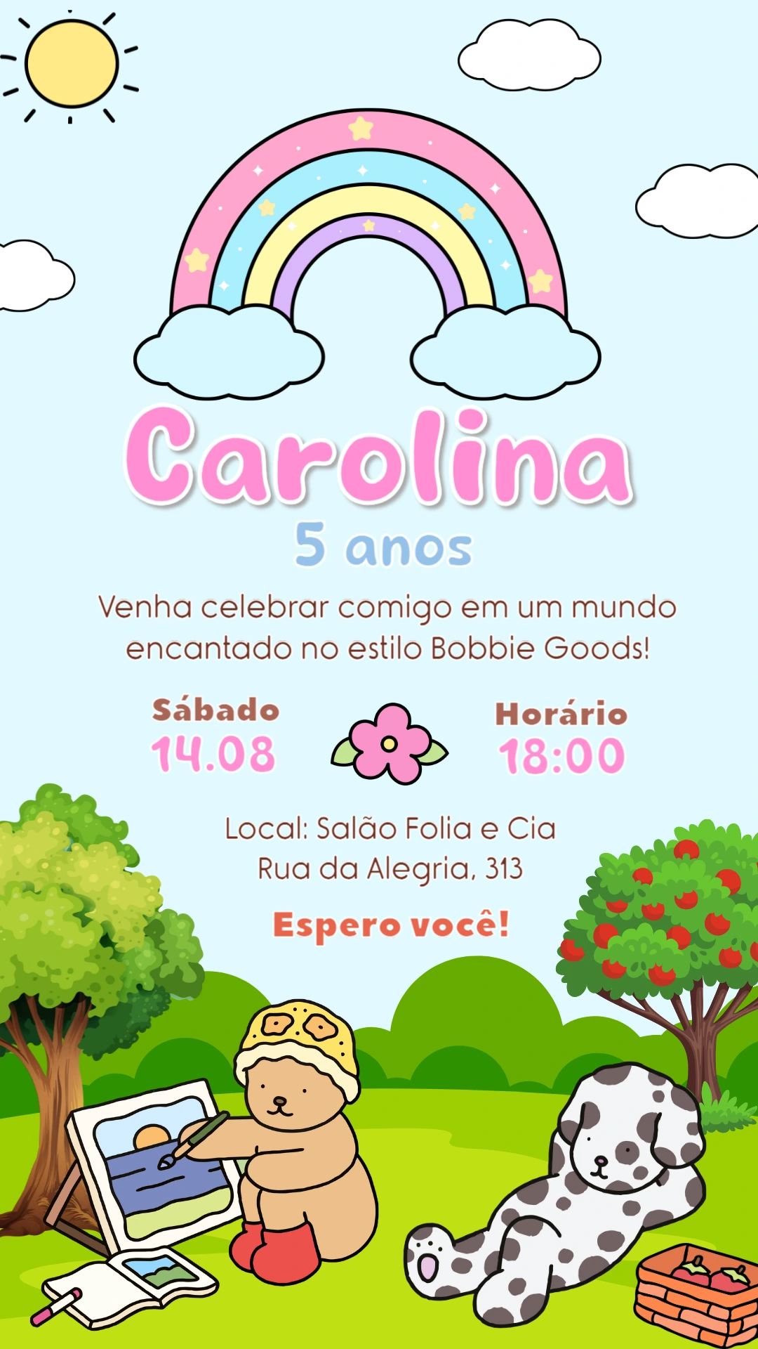 Convite Aniversário Bobbie Goods com Bichinhos Fofos para Editar