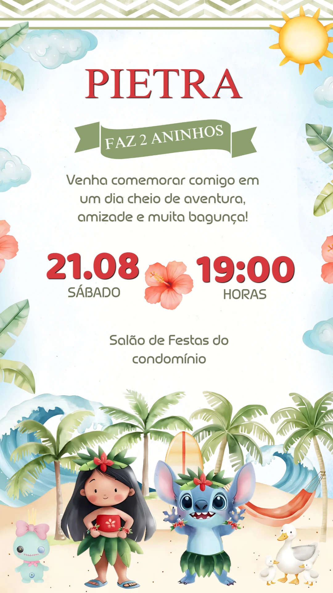 Convite de Aniversário Lilo e Stitch para Editar Online