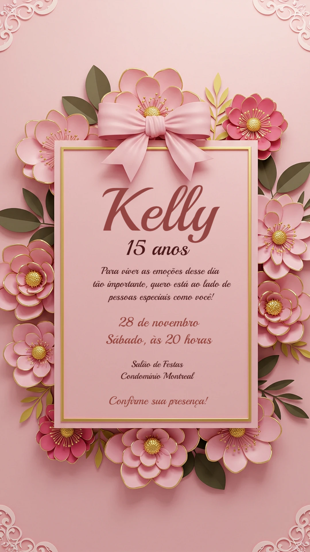Convite de 15 Anos Floral Rosa e Dourado para Editar