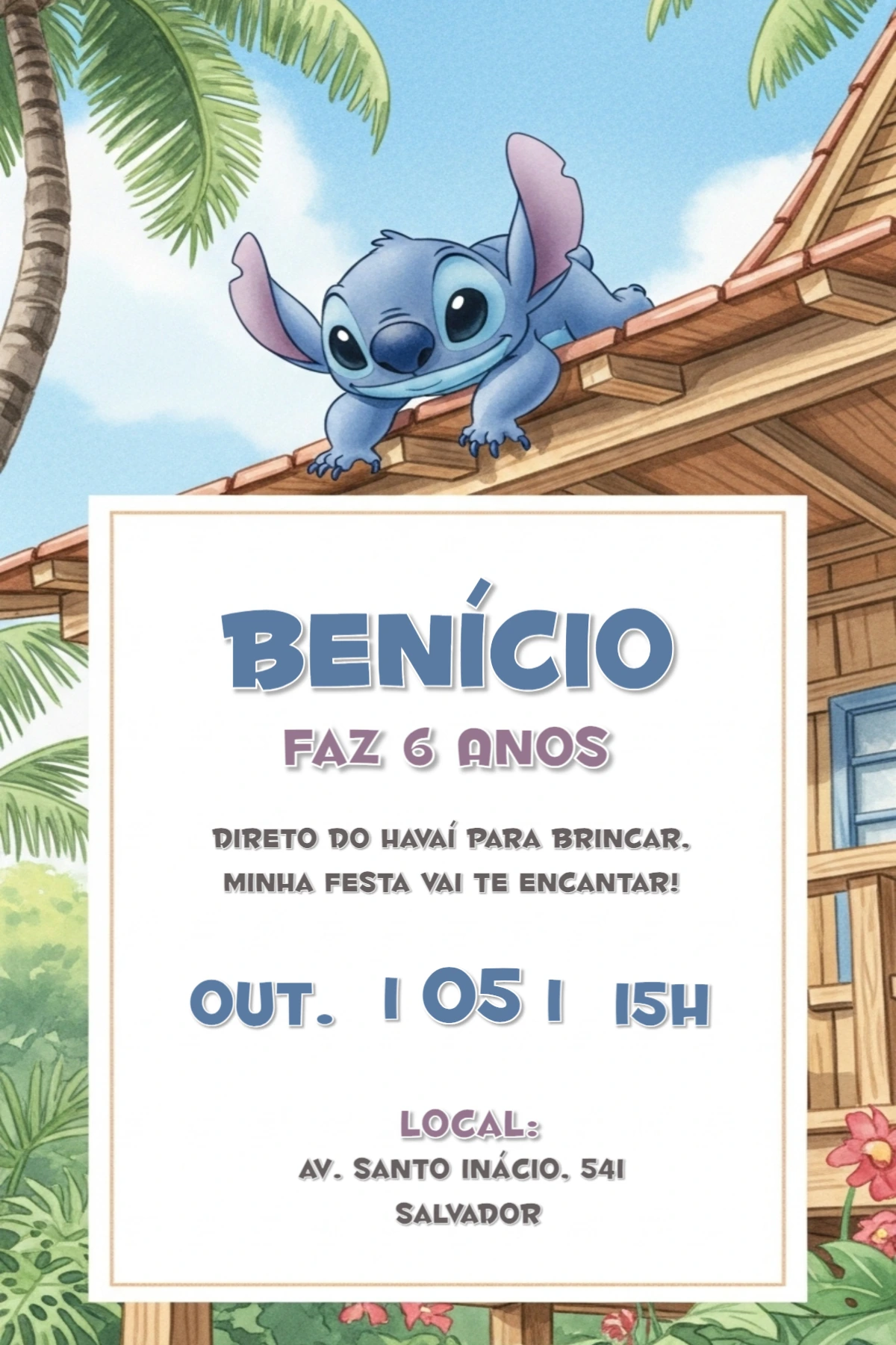 Convite Aniversário Stitch Havaiano para Editar Online