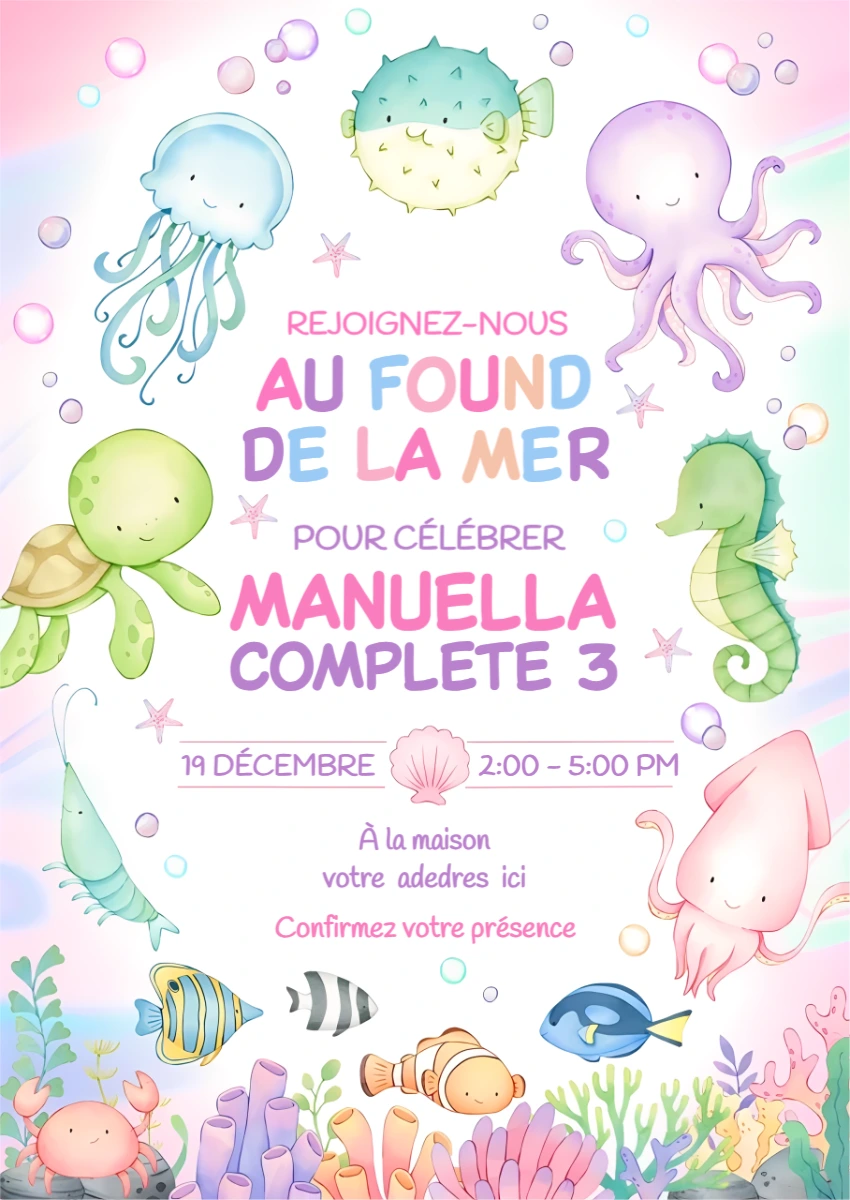 Invitation Anniversaire Fond Marin Mignon Modèle à Éditer