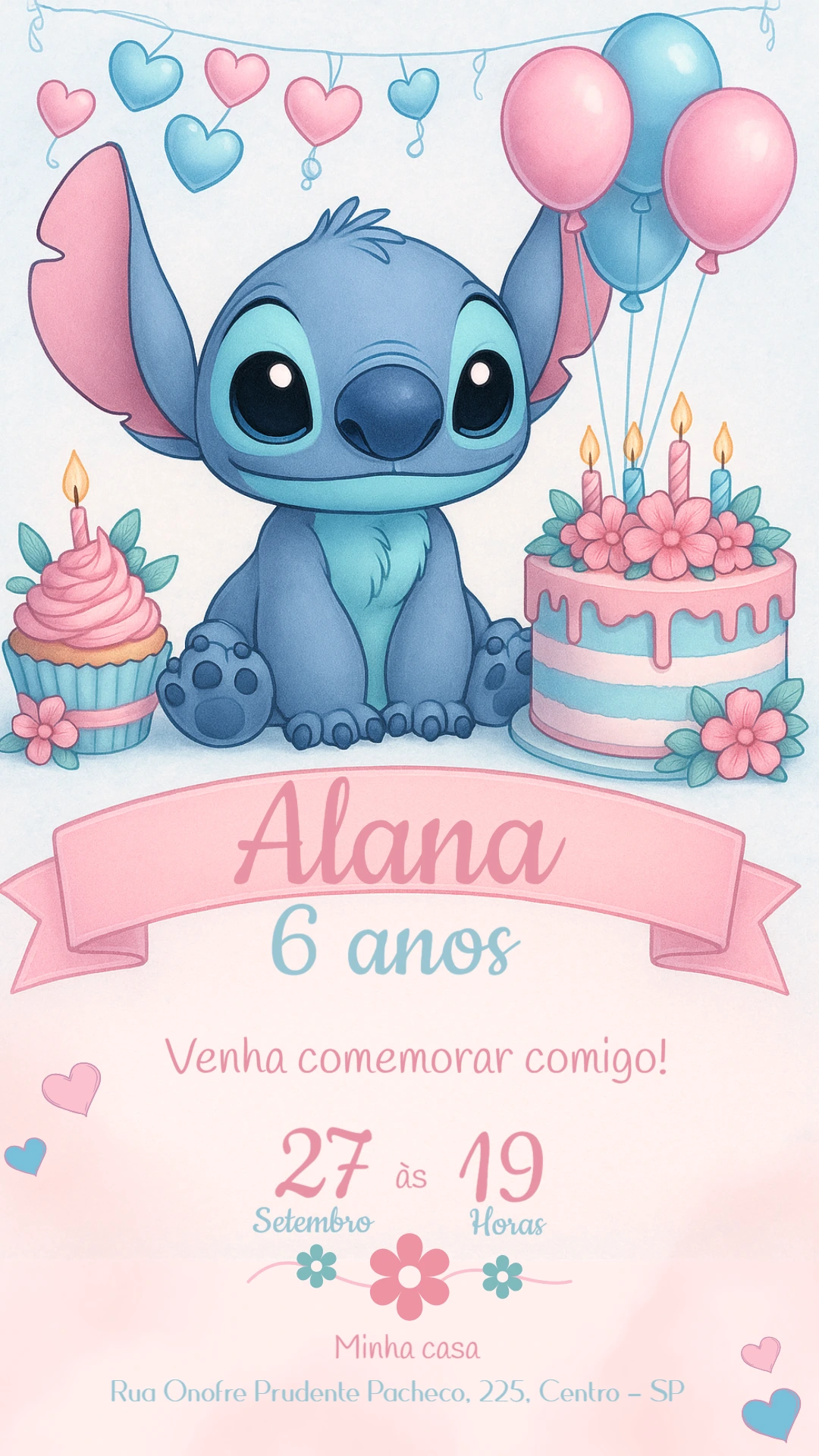 Convite de Aniversário Stitch Rosa e Azul para Editar Online