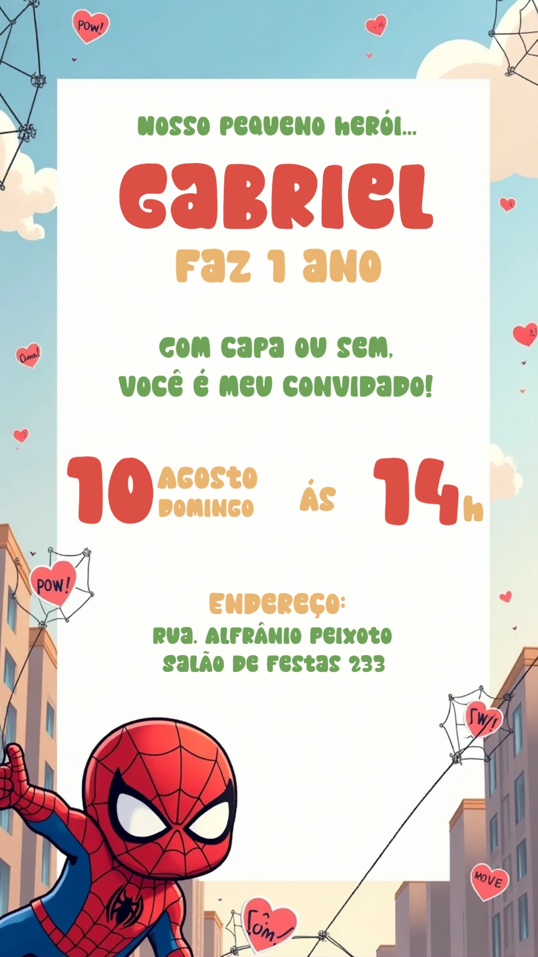 Convite Aniversário Homem Aranha Fofo para Editar Online