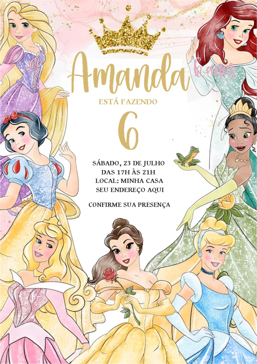 Convite Aniversário Princesas Disney para Editar Online