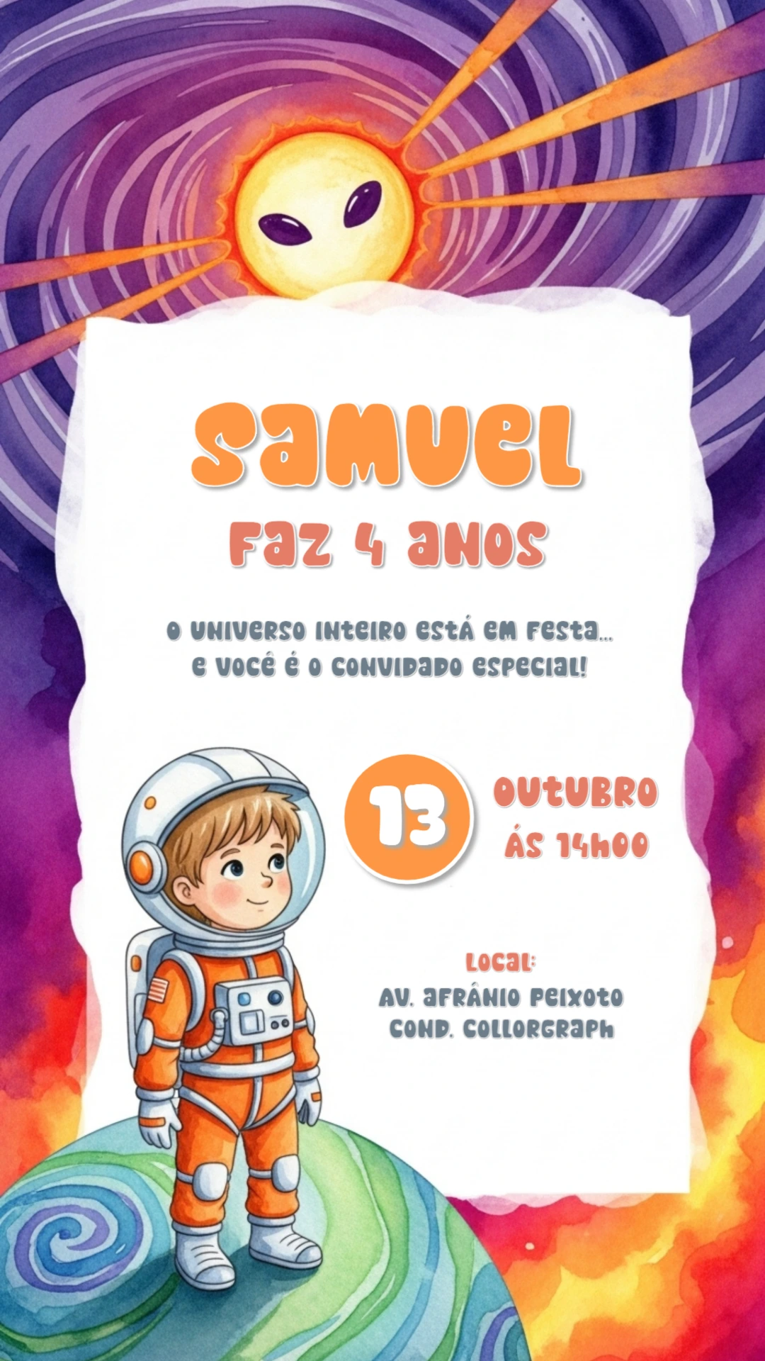 Convite de Aniversário Astronauta no Espaço para Editar Online