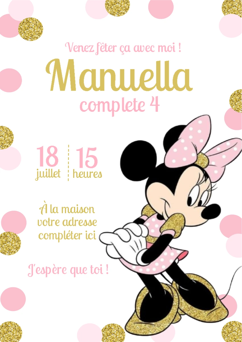 Invitation Anniversaire Minnie Mouse Rose et Or à Modifier