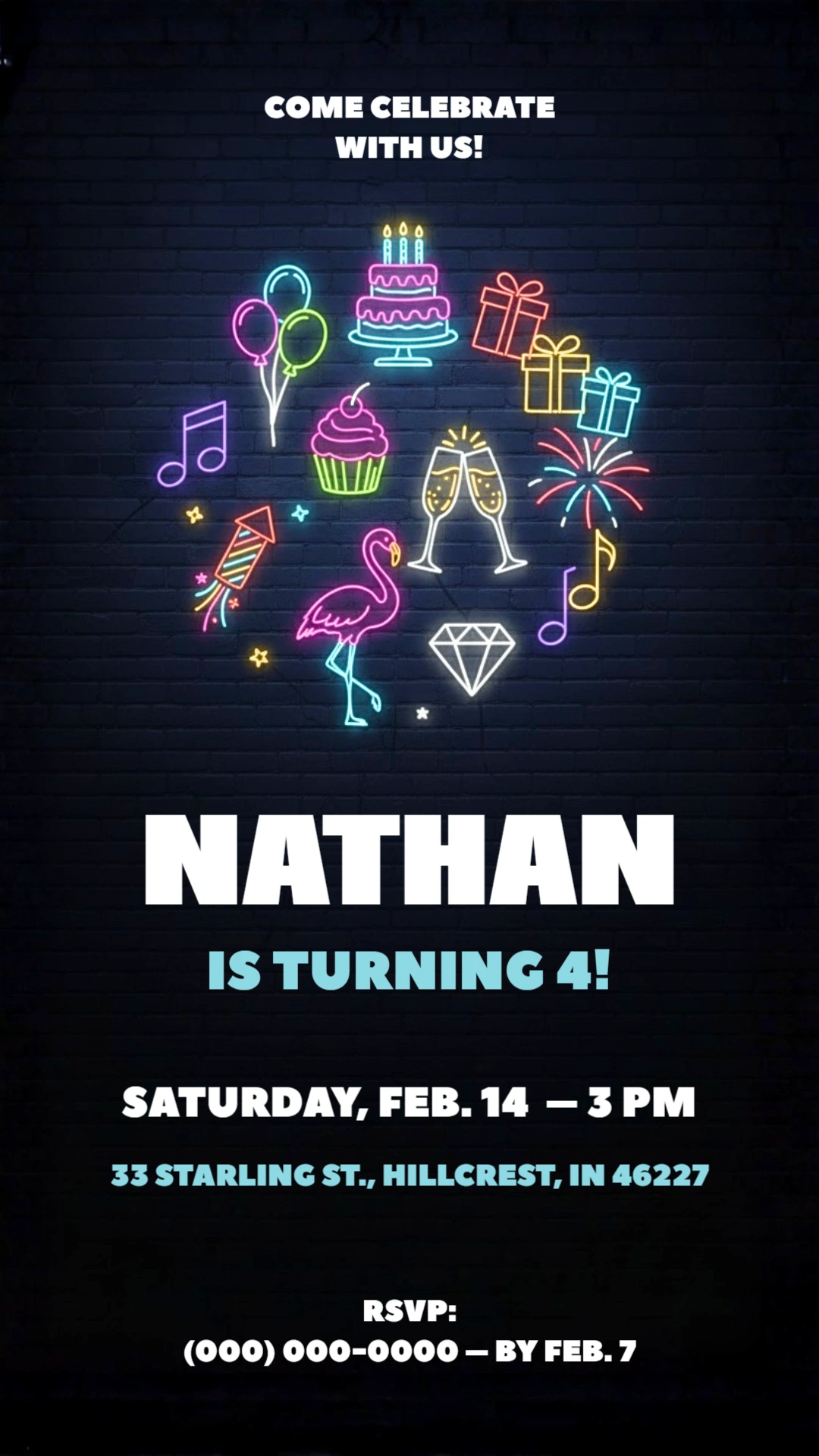 Neon Glow Birthday Party Invitation Editable Template