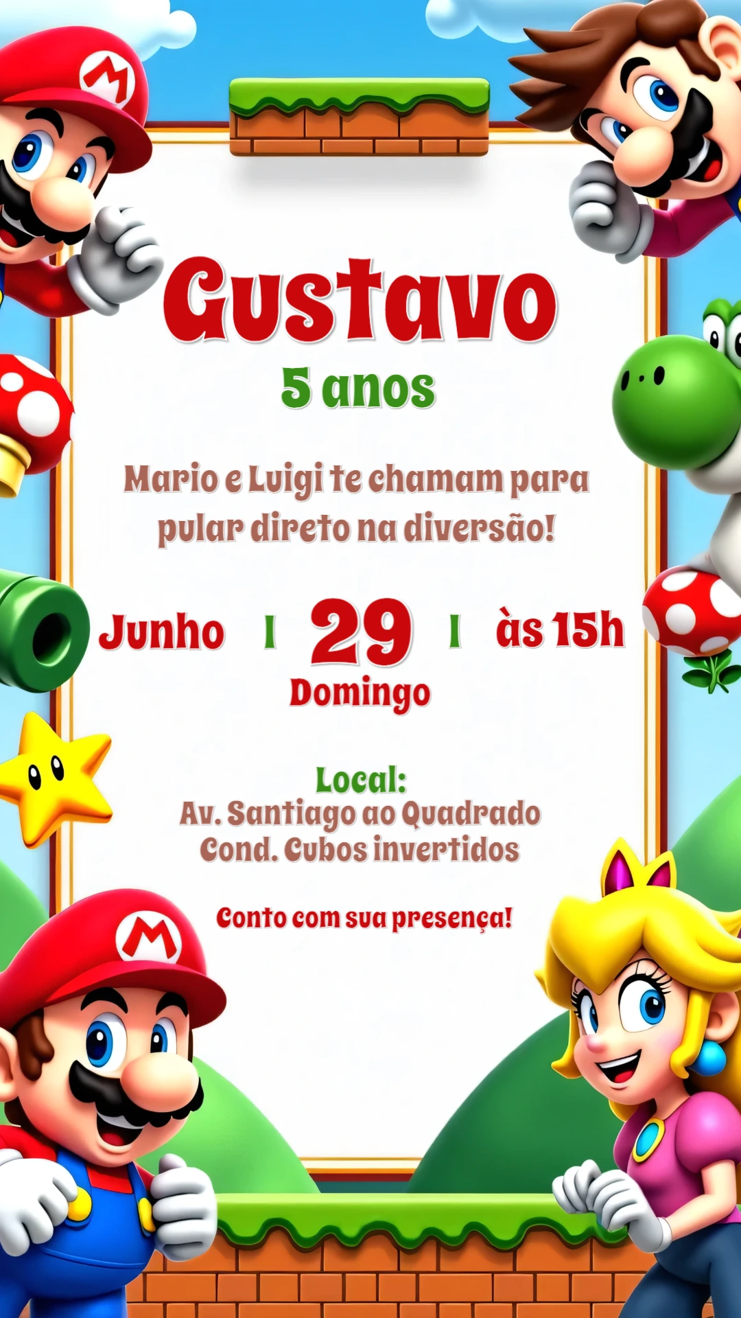 Convite de Aniversário Mario Bros e Amigos Editável Online