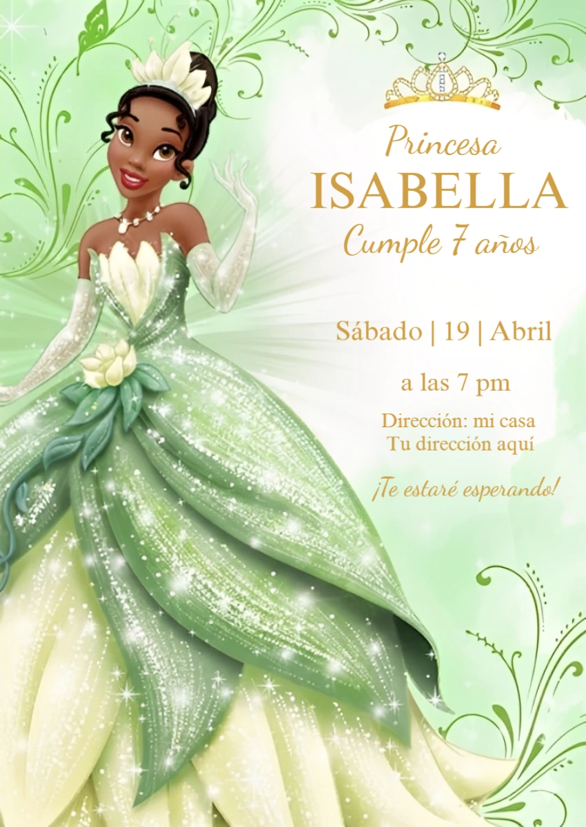 Invitación de Cumpleaños Princesa Tiana Modelo Digital Editable