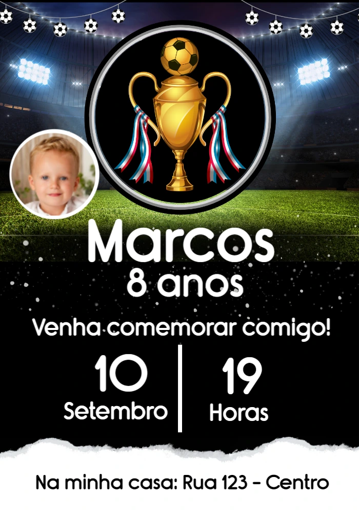 Convite Aniversário Futebol com Foto para Editar Online