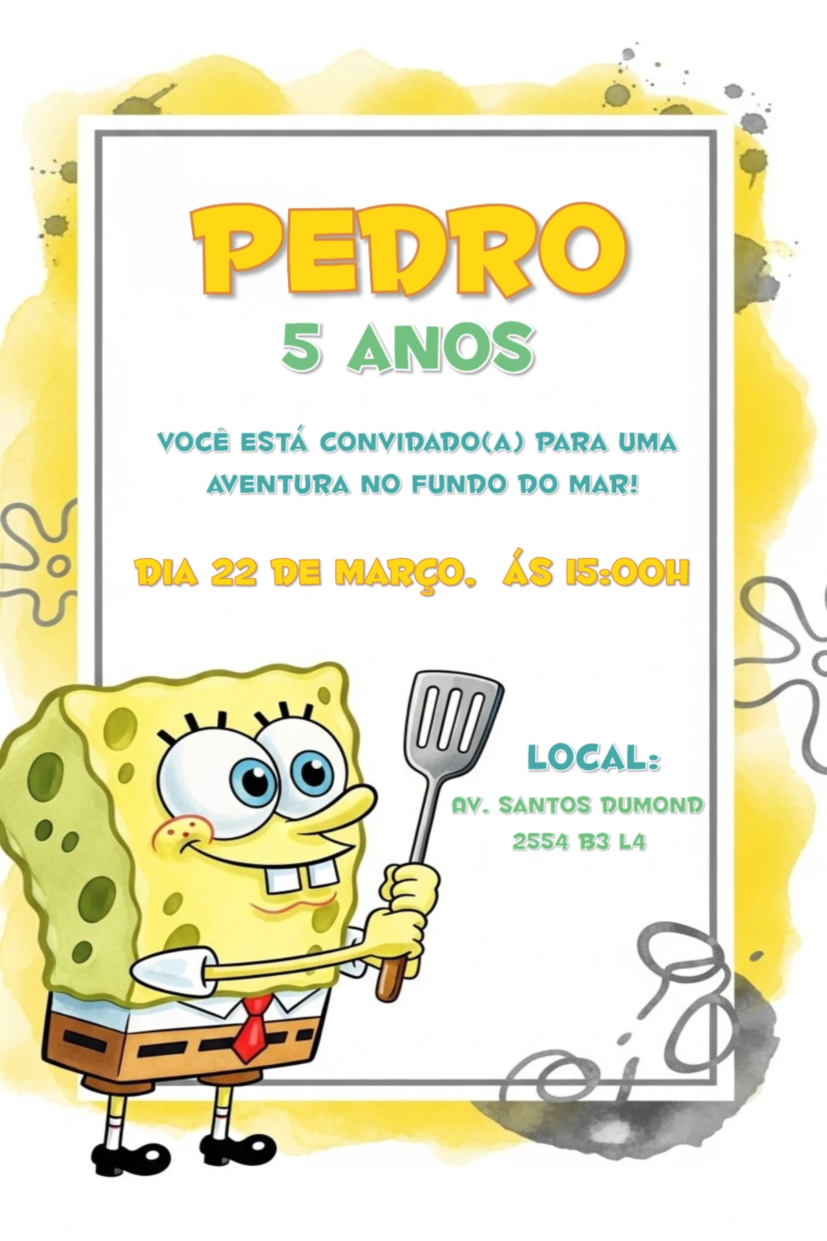 Convite Aniversário Bob Esponja para Editar Online e Imprimir