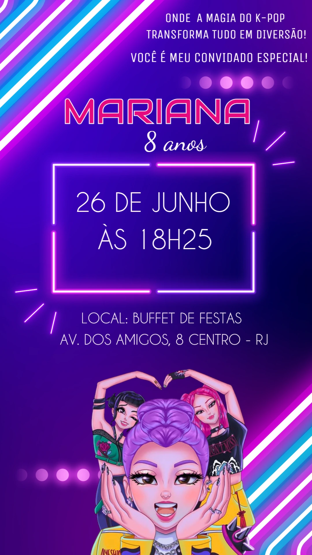 Convite de Aniversário K-Pop Neon para Editar Online