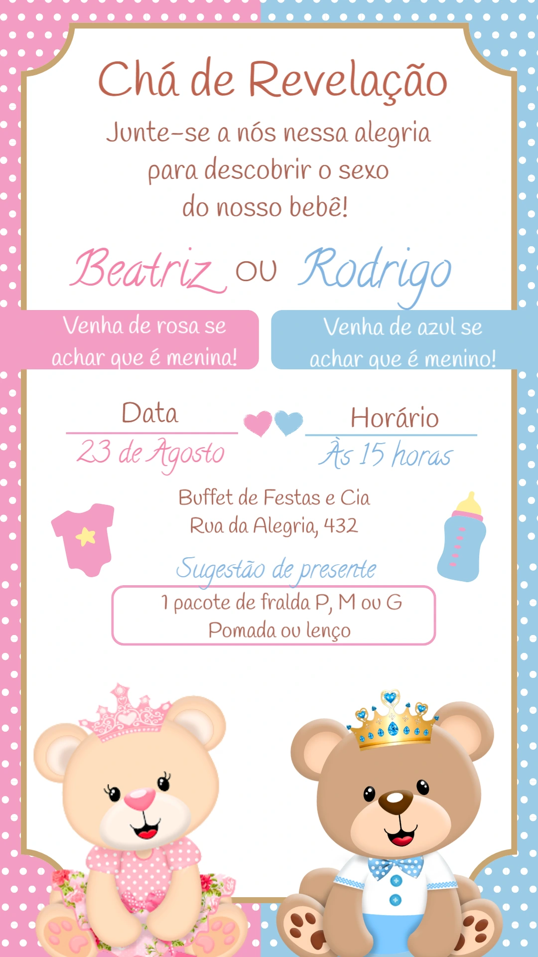 Convite Chá de Revelação Ursinhos Realeza para Editar Online