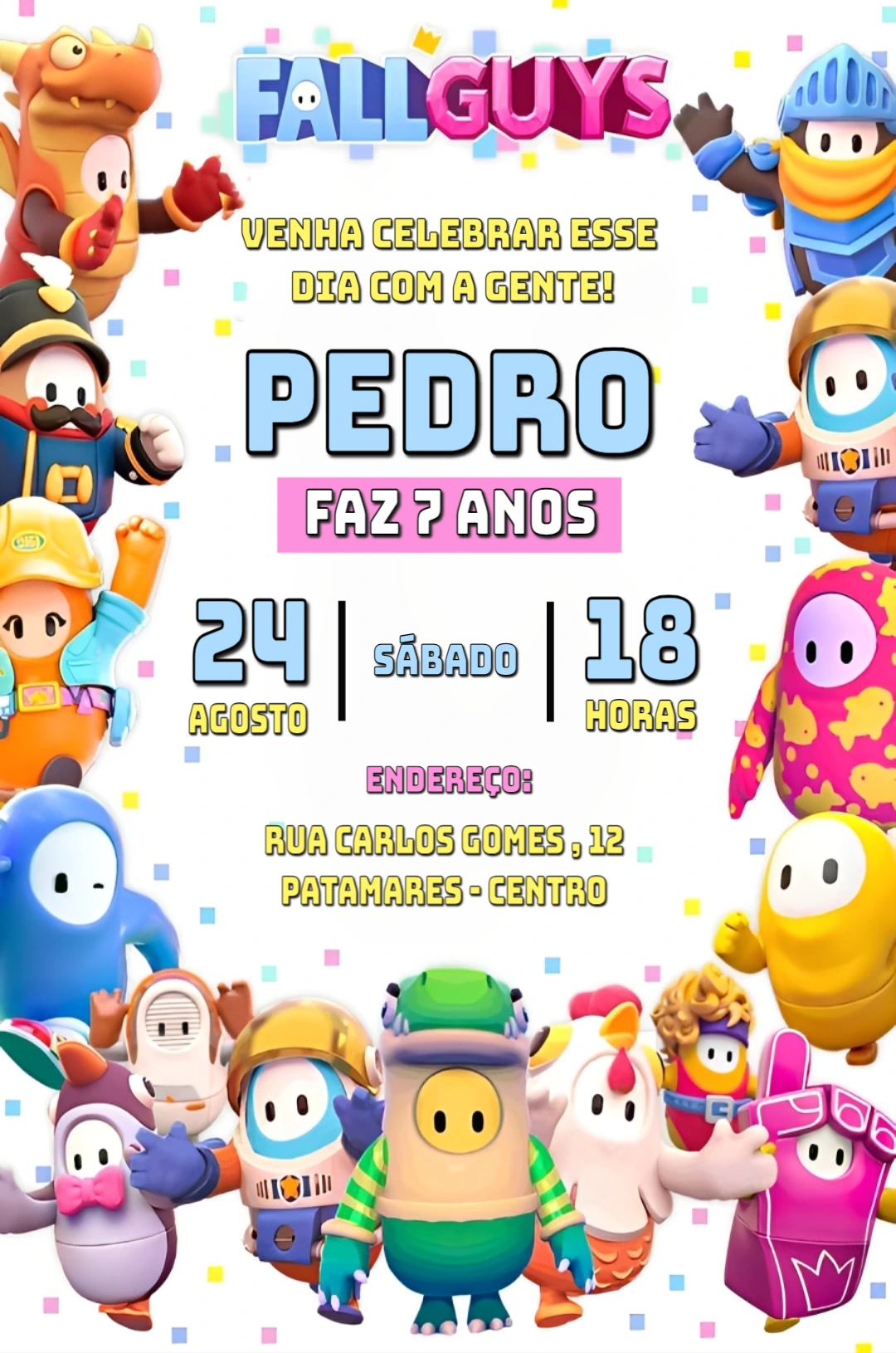 Convite de Aniversário Fall Guys com Personagens para Editar
