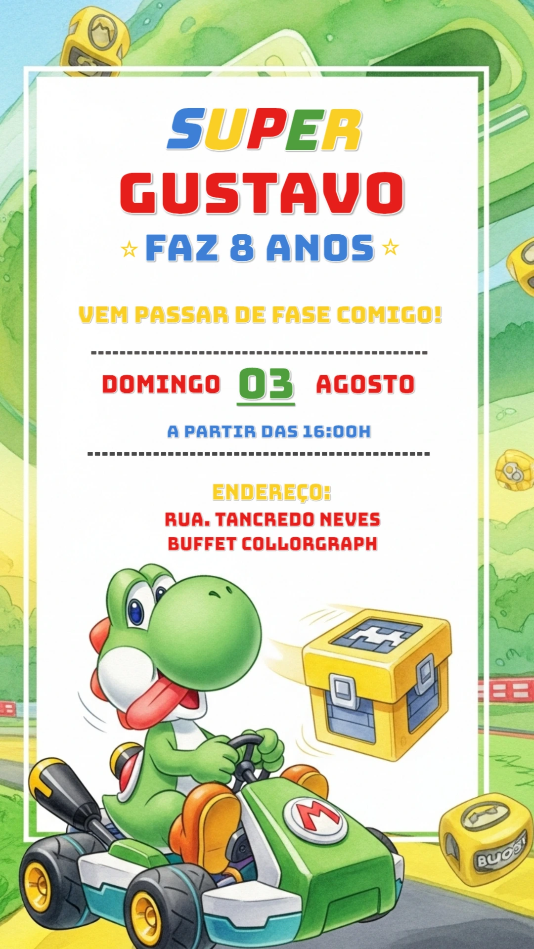 Convite de Aniversário Super Mario Kart com Yoshi para Editar Online