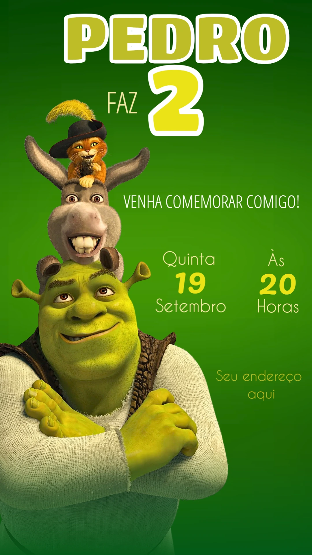 Convite de Aniversário Shrek com Personagens para Editar Online