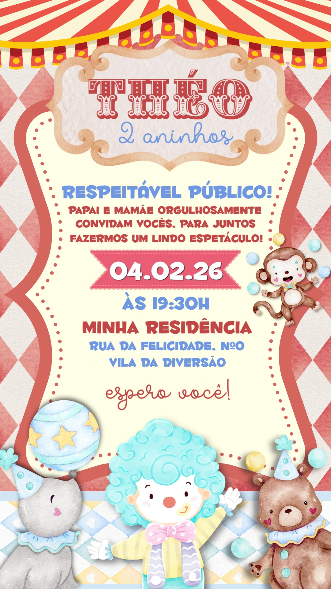 Convite Digital Aniversário Infantil Tema Circo Editável