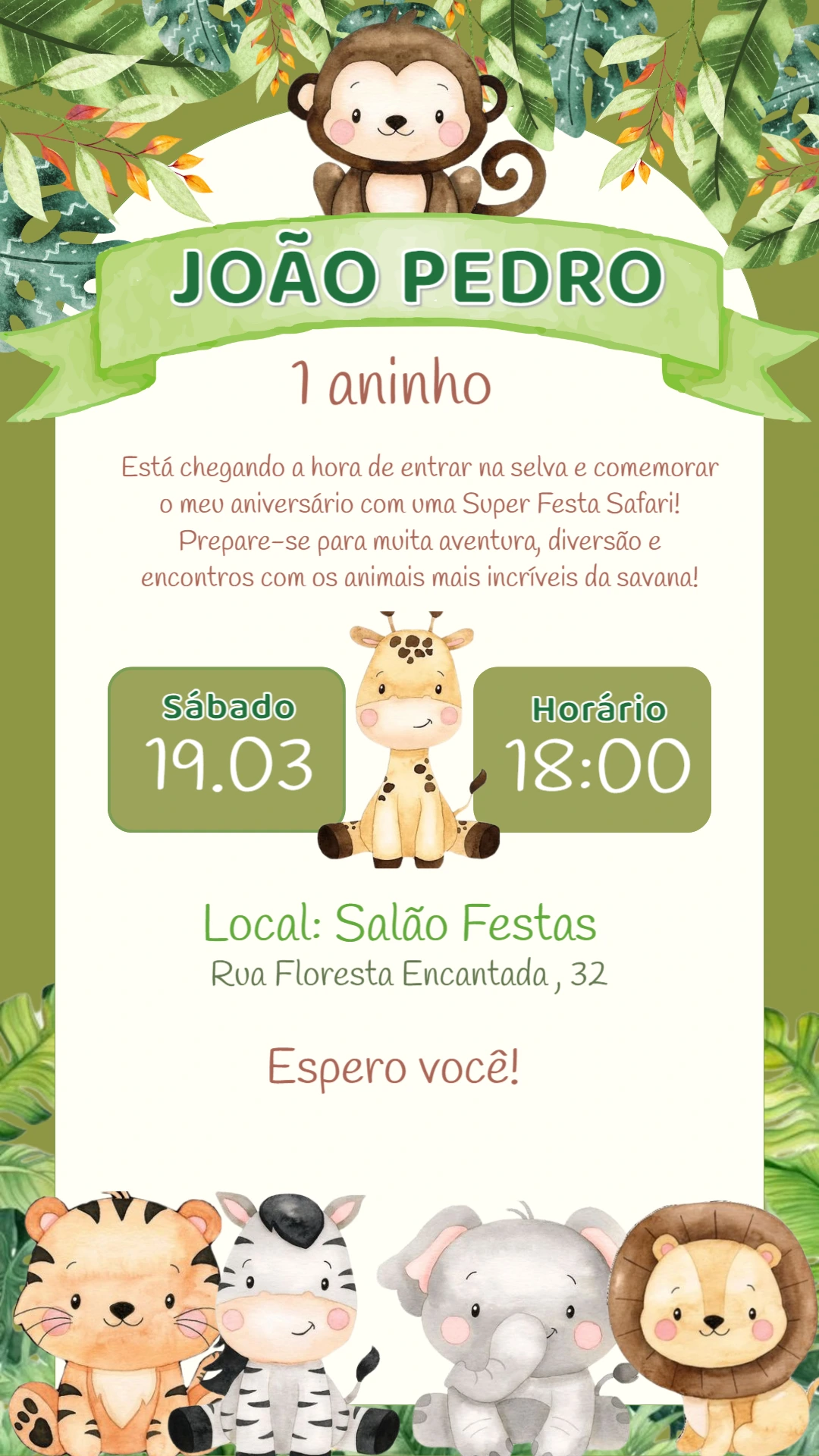Convite Aniversário Safari com Animais Fofos para Editar Online