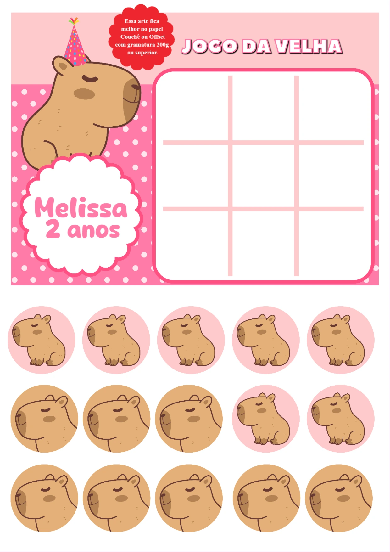 Jogo da Velha Capivara para Aniversário Infantil Editável