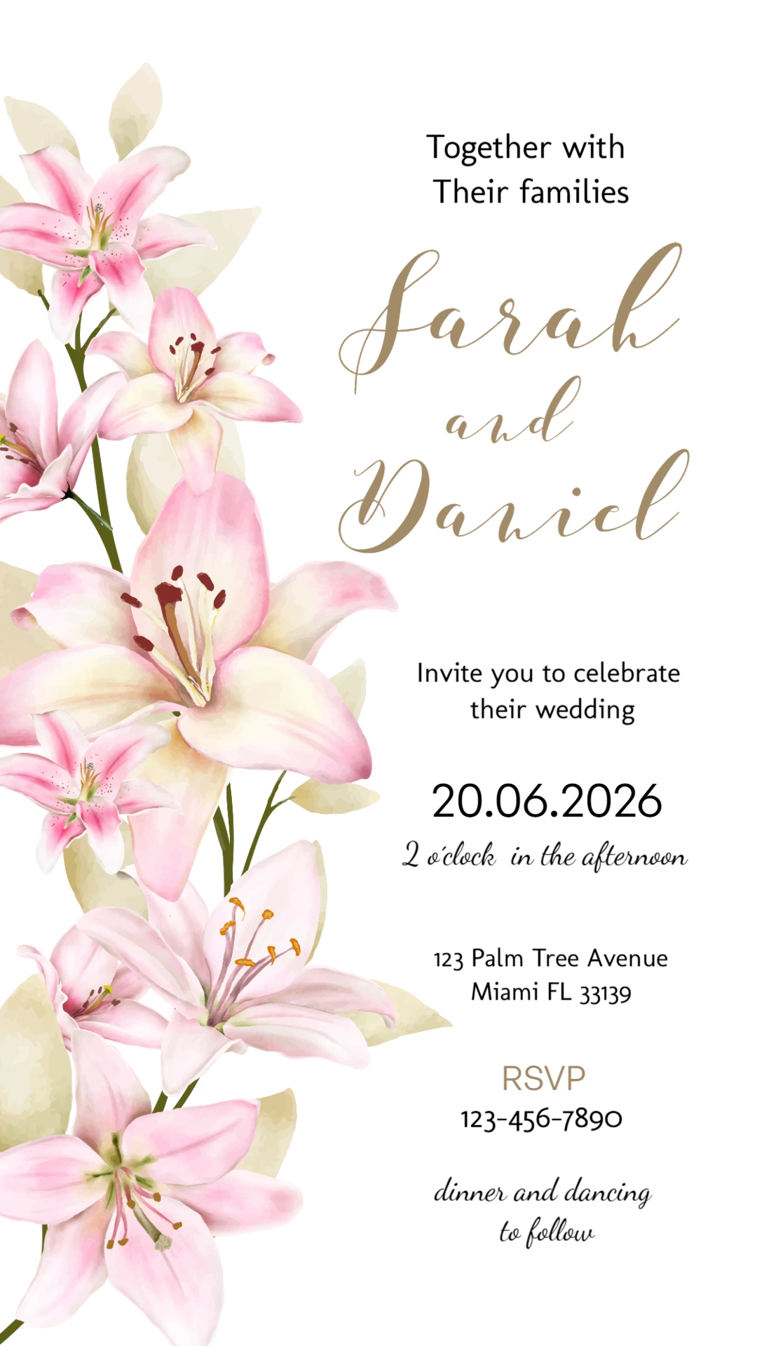 Elegant Pink Lily Wedding Invitation Editable Template