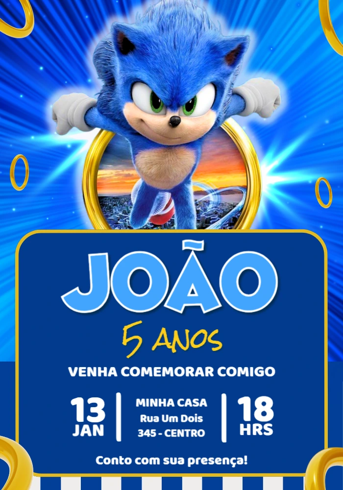 Convite de Aniversário Sonic o Filme Azul para Editar