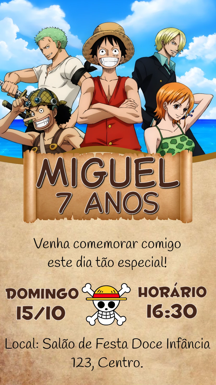 Convite Aniversário One Piece com Personagens para Editar Online