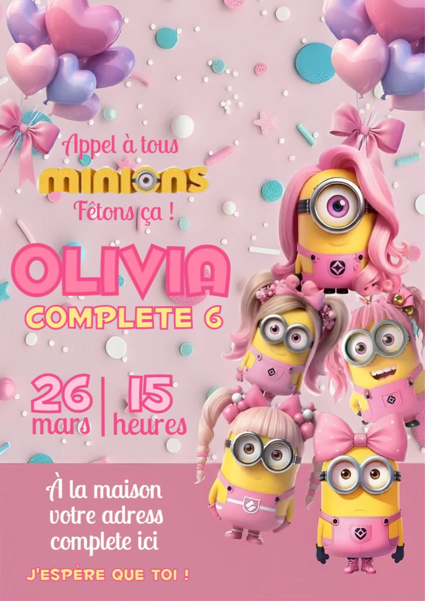 Invitation Anniversaire Minions Rose pour Fille à Personnaliser