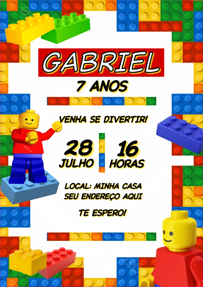 Convite Aniversário Lego com Blocos de Montar para Editar Online