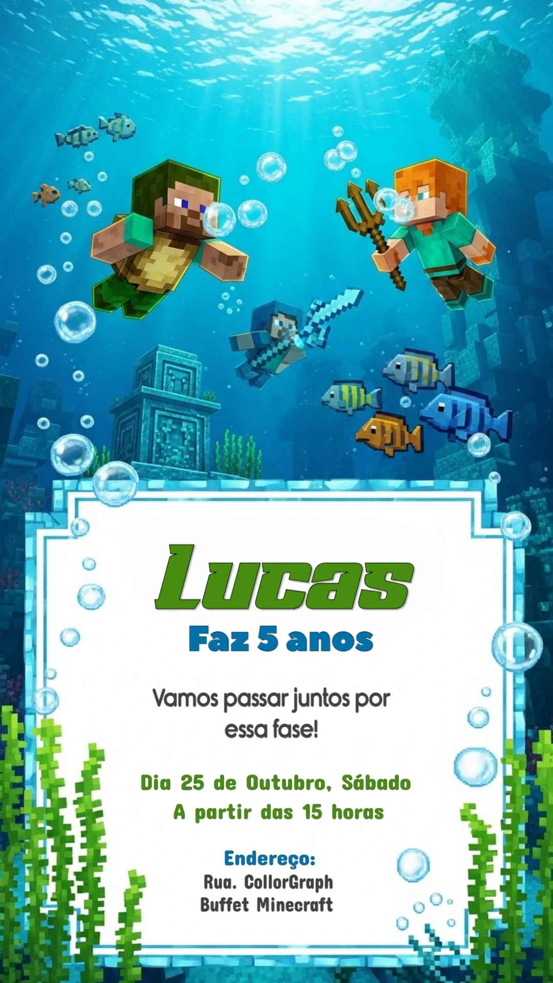 Convite de Aniversário Minecraft Aquático para Editar Online