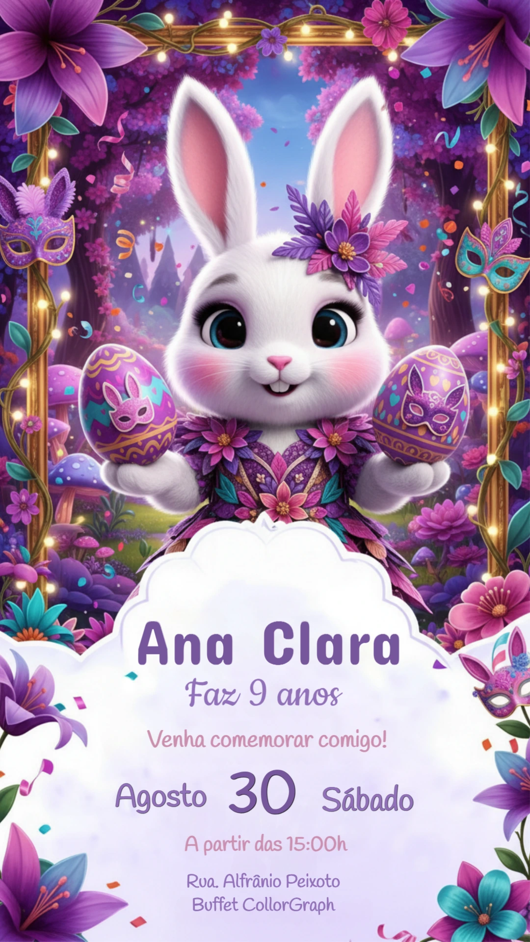 Convite de Aniversário Coelhinha na Floresta Mágica para Editar