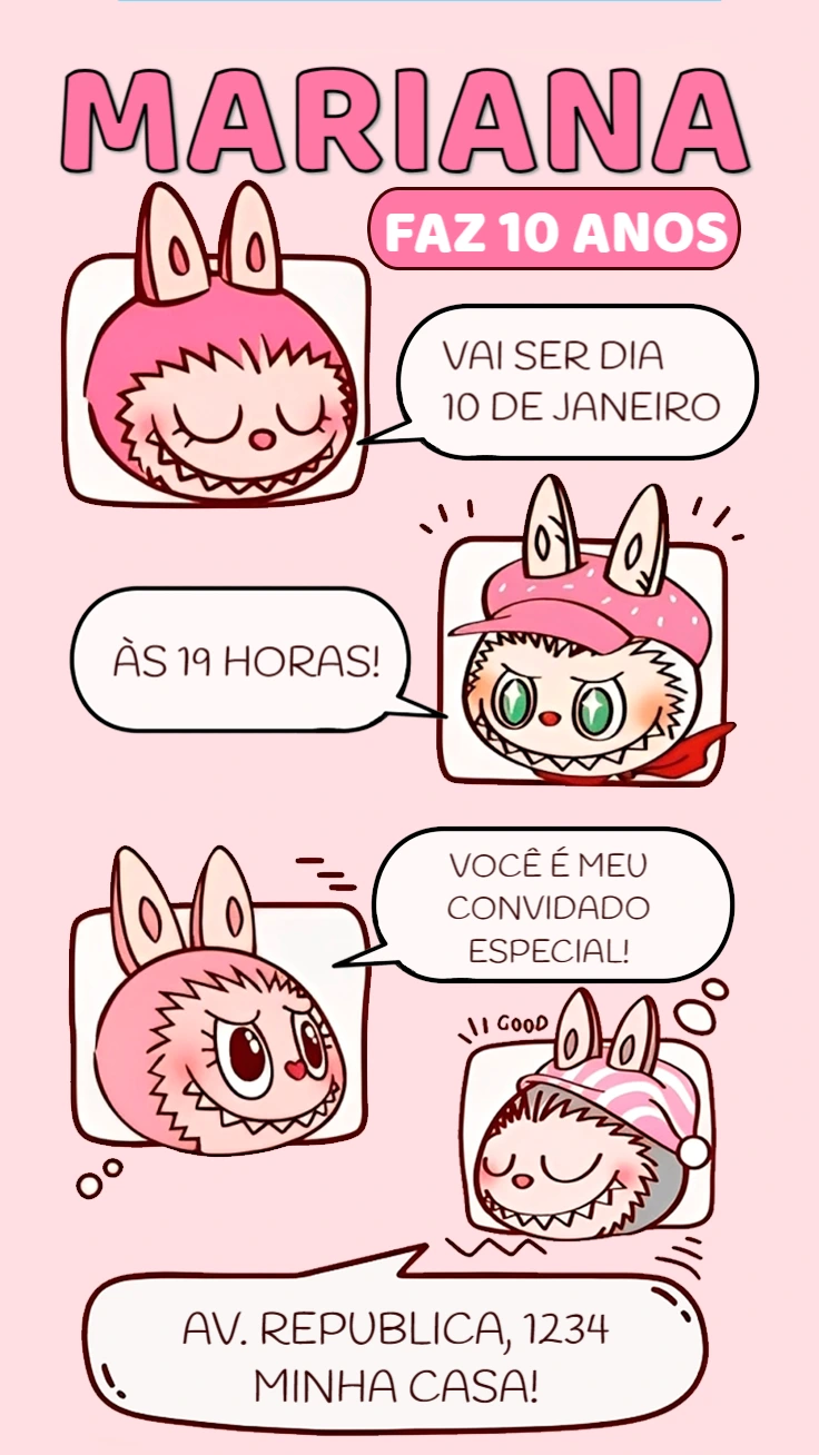Convite Aniversário Labubu Rosa com Personagens para Editar Online