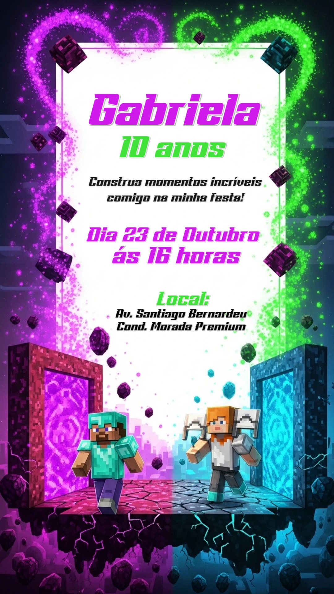 Convite Aniversário Minecraft com Portais para Editar Online