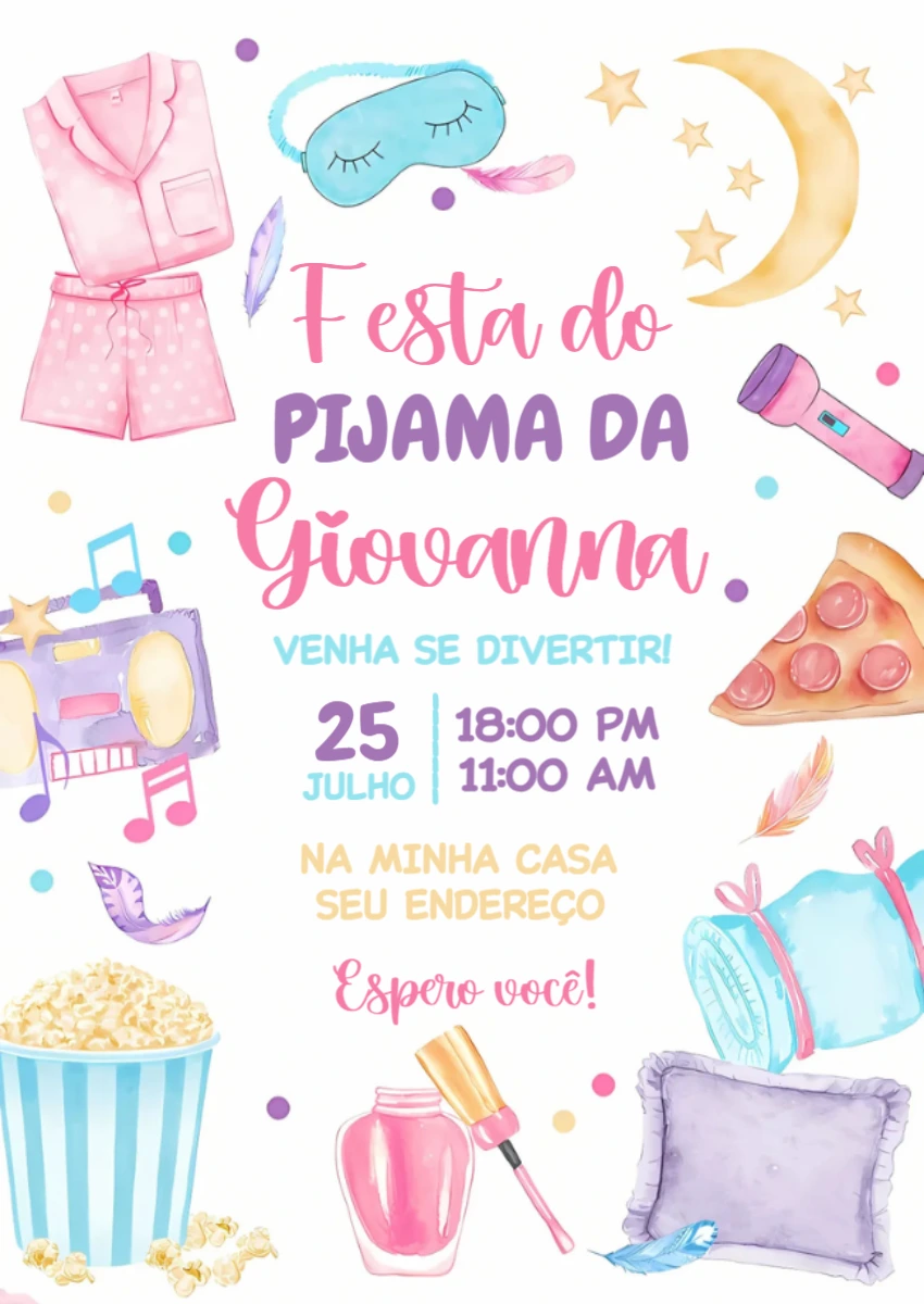 Convite Aniversário Festa do Pijama Aquarela para Editar Online
