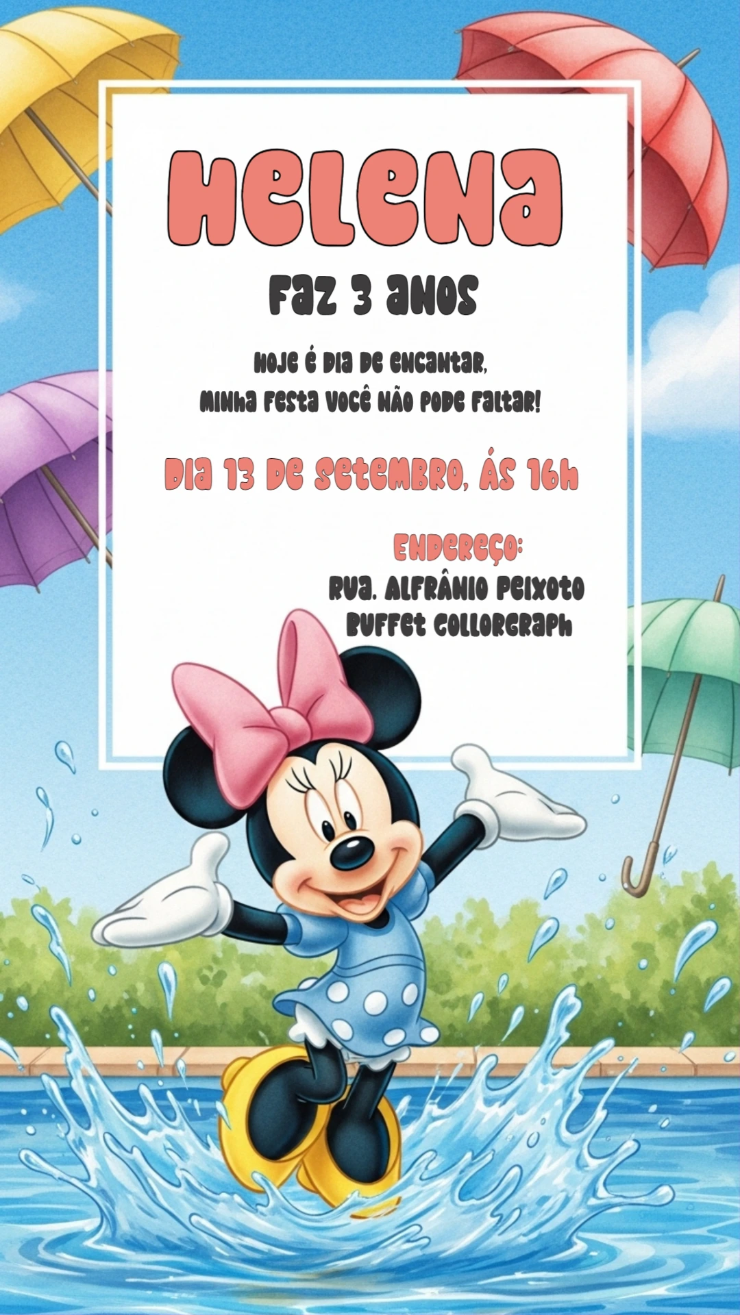 Convite de Aniversário Minnie Mouse na Piscina para Editar