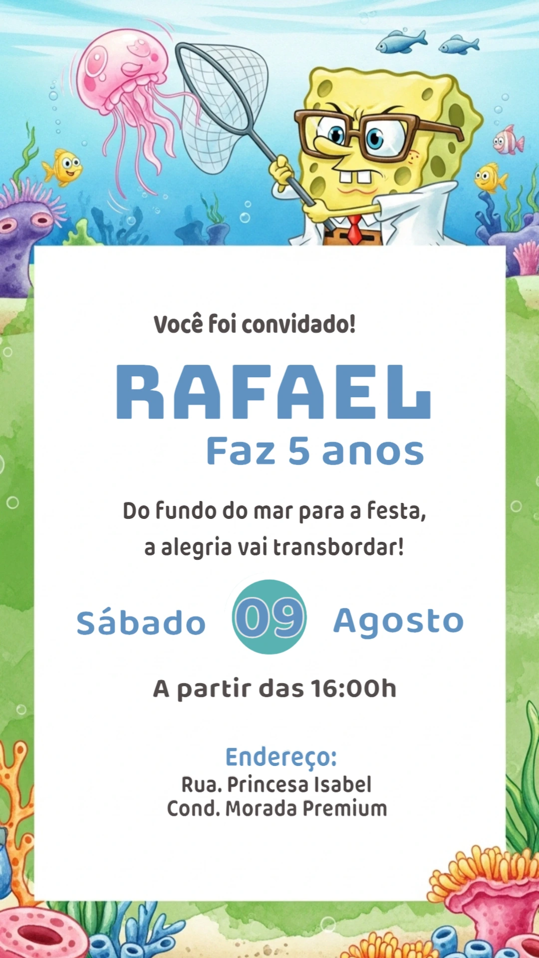 Convite de Aniversário Bob Esponja para Editar Online