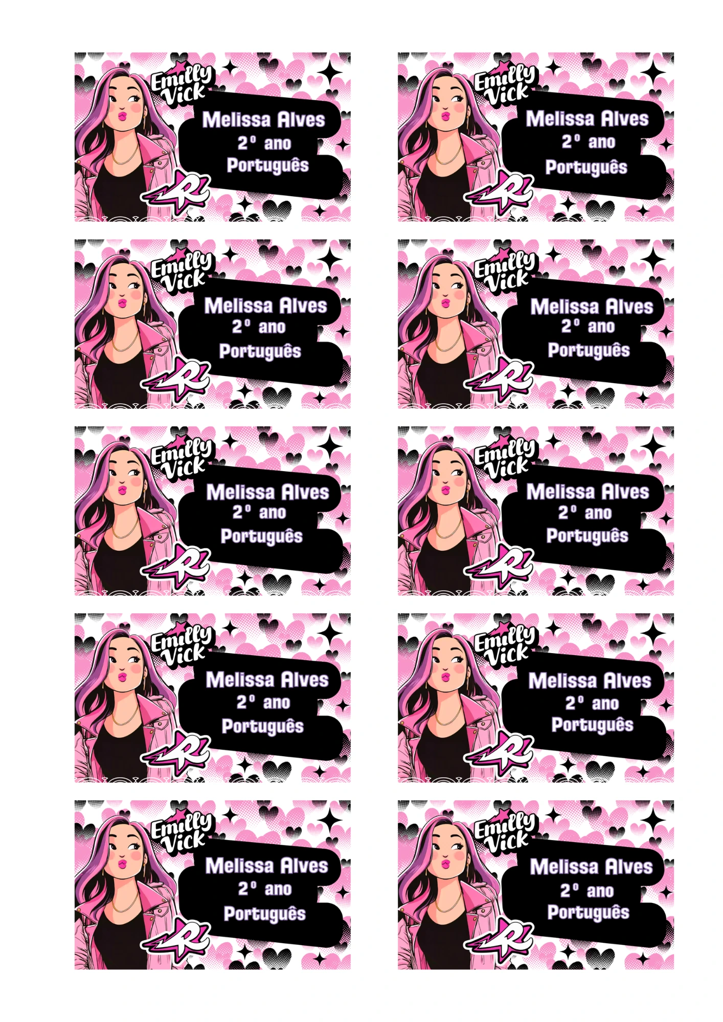 Etiqueta Escolar Emily Vick Rosa e Preto Modelo Editável