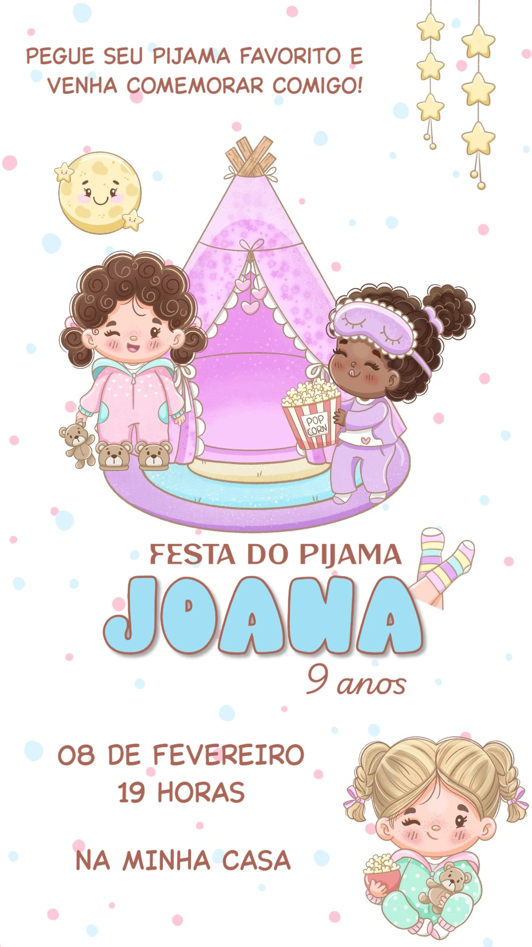 Convite Festa do Pijama Infantil com Meninas para Editar Online